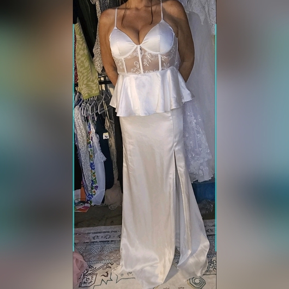 Lulus Iconic Adoration Wedding Dress New M White Satin Peplum Sheer Bustier Maxi - Picture 3 of 5